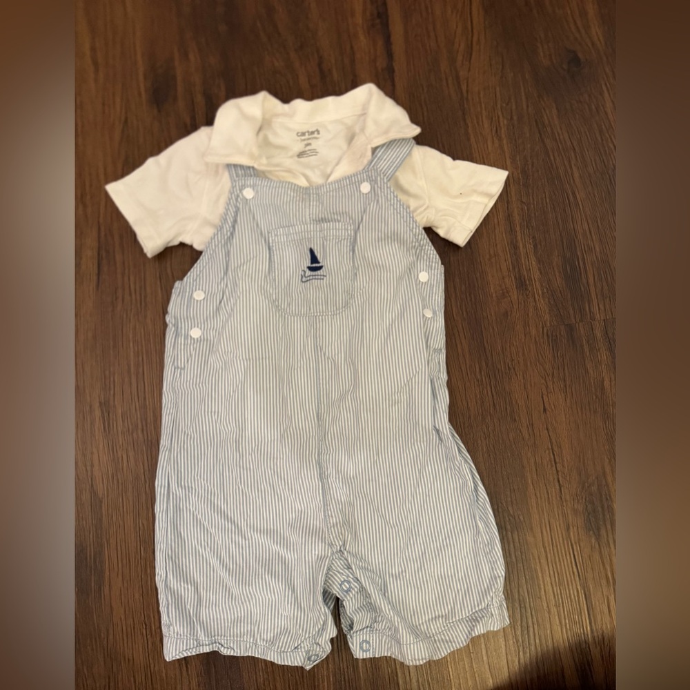 Carter's White Tee with Light Blue Pinstriped Sailboat Overalls